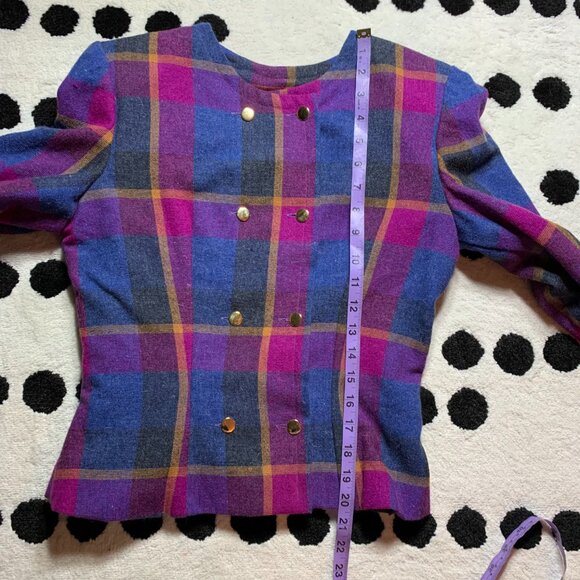 Vintage 80s Plaid Double Breasted Blazer Skirt Set Small Purple Blue Handmade - Picture 15 of 16
